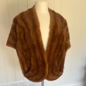 Vintage Genuine Mink Fur Stole Wrap with Pockets – Brown (One Size)